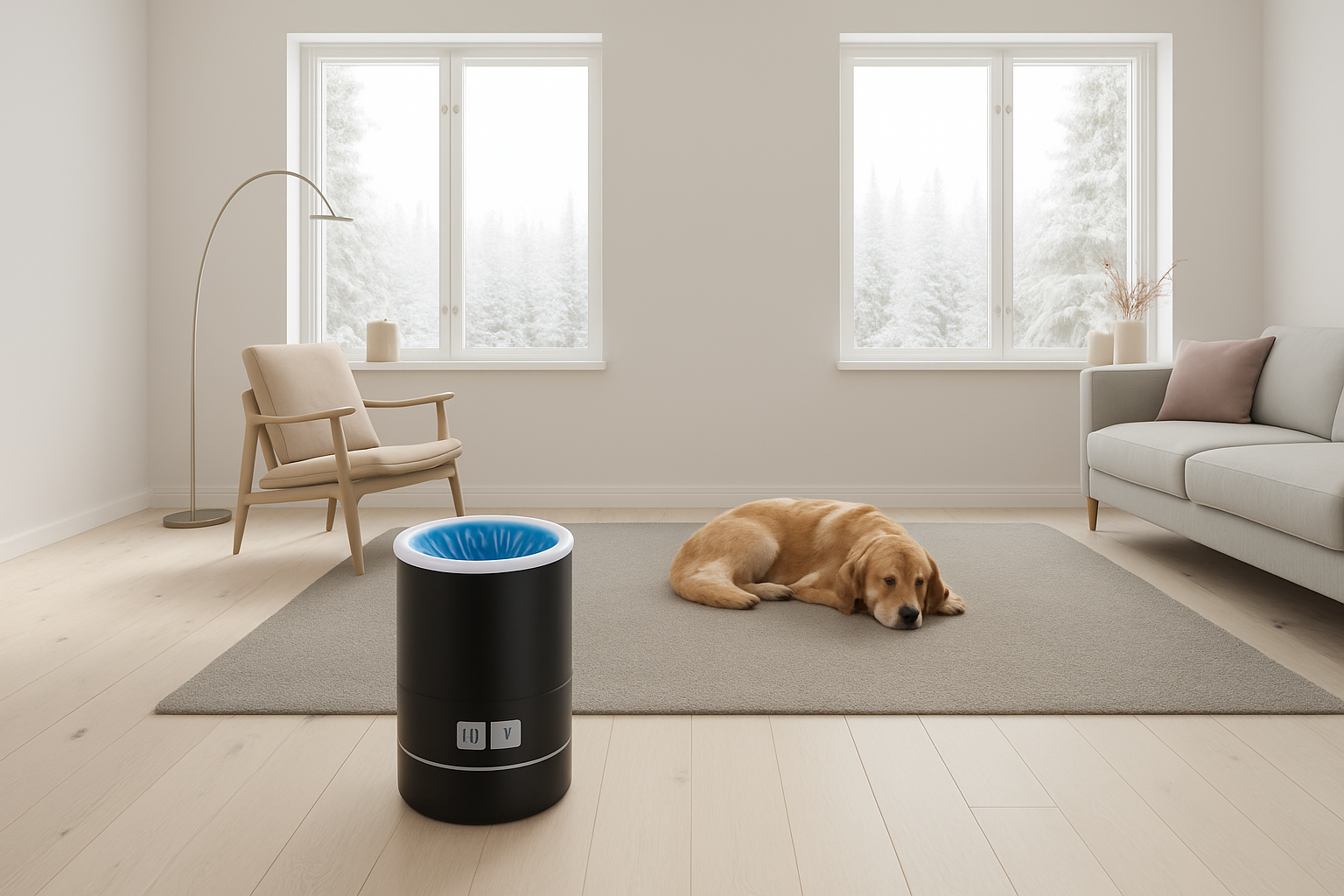 Image d'un nettoyeur pattes chien portable dans un salon moderne, avec un chien allongé sur le tapis.