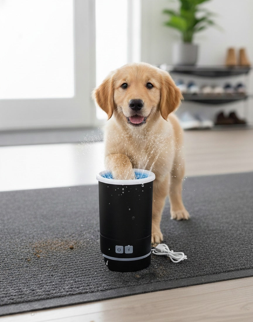 PawClean Pro – Nettoyeur instantané de pattes pour chiens actifs en action avec un chiot heureux.